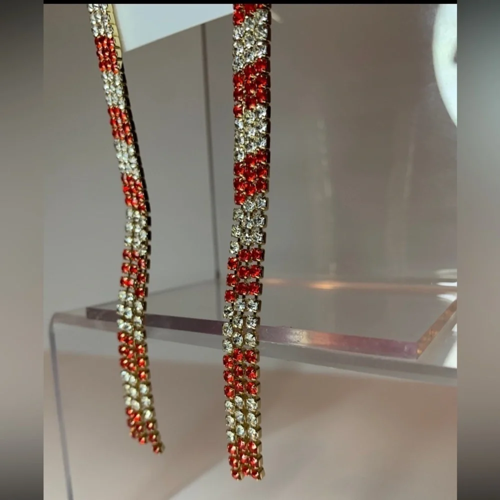 BETSEY JOHNSON Christmas Holiday Crystal-Studded Linear Candy Cane Earrings NWT